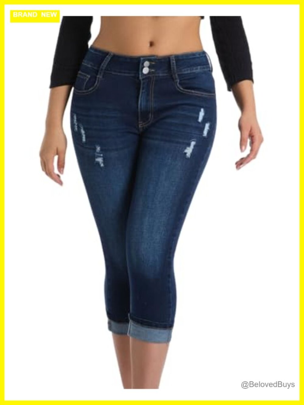 Women's Capri Pants Skinny Stretchy Ripped High Waisted Cuffed Denim Jeans